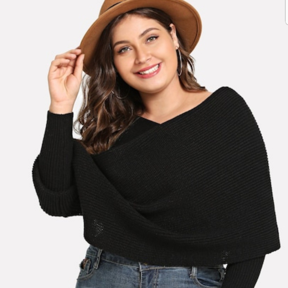 Shein Plus Surplice Neck Solid Cape Sweater - Picture 1 of 4